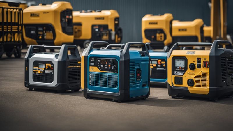 Various portable generators in different colors and sizes are displayed outdoors on pavement.