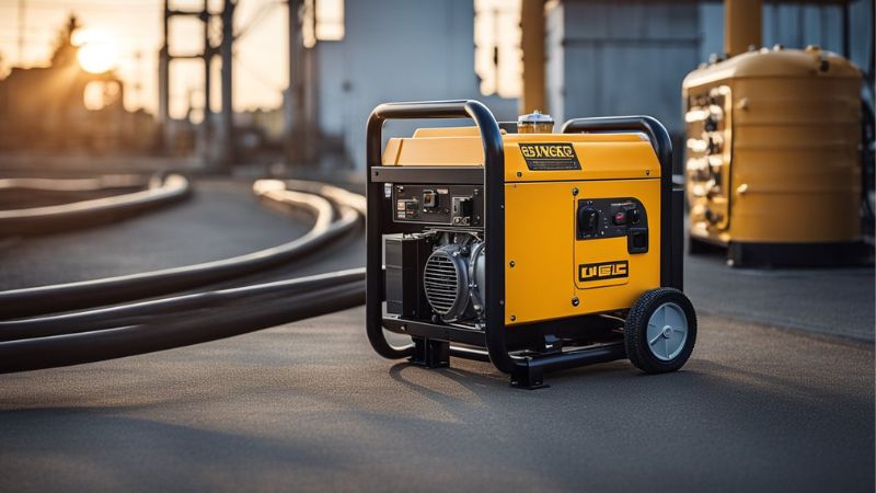 A yellow portable generator on a paved surface with pipes in the background.