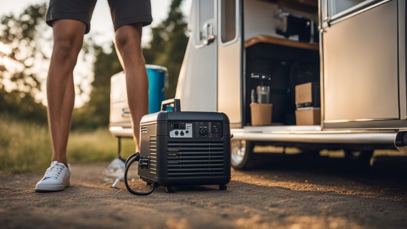 A portable generator sits outside a camper, with legs visible next to it and grass and trees in the background.