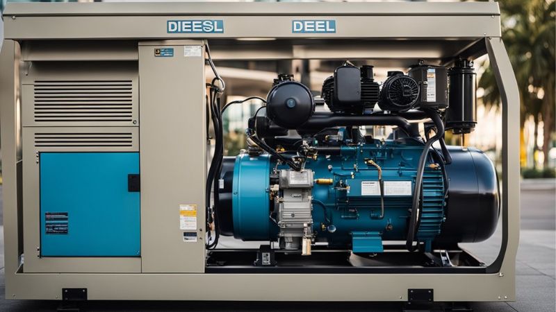 An outdoor industrial generator labeled "DIEESL" and "DEEL" is displayed.