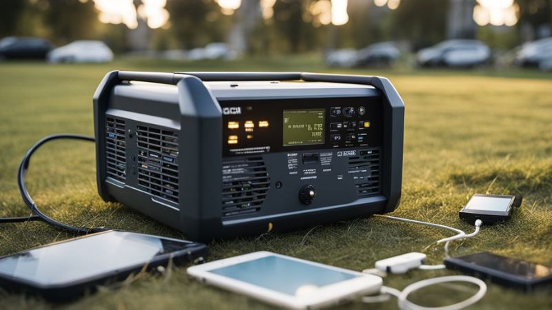 A portable generator on grass charging multiple devices, like smartphones and tablets.