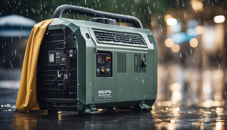 A green portable generator on a wet stone surface, under light rain, with a yellow cloth draped over it.