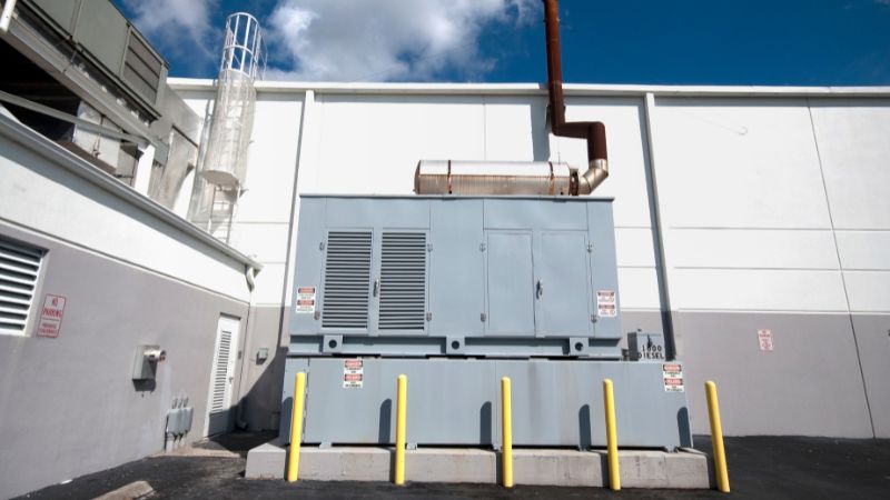 Outdoor installation of a large industrial generator with a gray enclosure. The generator is equipped with an exhaust pipe and is surrounded by yellow safety poles. The setting appears to be a facility with a white building in the background.