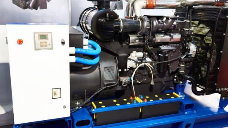 The picture features a large diesel engine with various pipes and cooling systems attached. The engine is mounted on a blue metal frame with yellow marking points. To the left of the engine, there is a white control panel with a digital display and several control buttons.