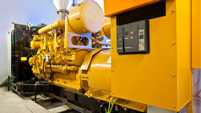 Industrial generator with a yellow engine, showing various components like the alternator, cooling system, and control panel. The generator is housed within a protective enclosure.