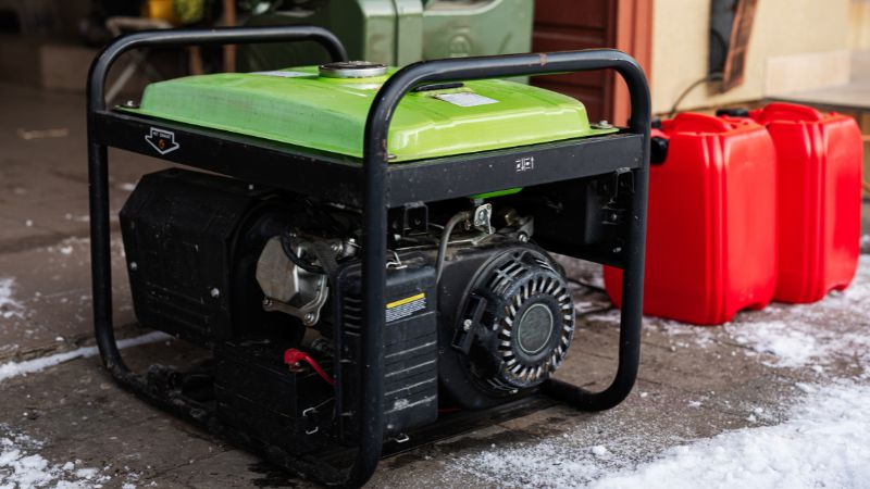 A green and black generator with a pull-start mechanism, situated outdoors on a snowy surface next to a red fuel container.
