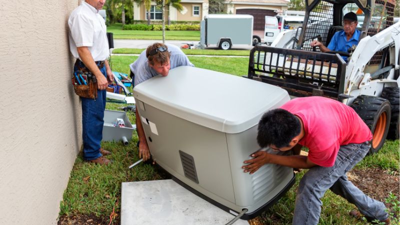 install a whole house generator A group of workers installing a gray home standby generator outdoors. They are connecting the generator to a concrete pad, with one person using a level to ensure proper alignment.