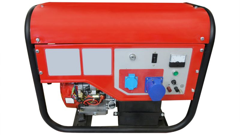 portable gaslione generator A smaller, red and black portable generator with a carrying handle. It has visible control switches and outlets, designed for easy transport and use at different locations.