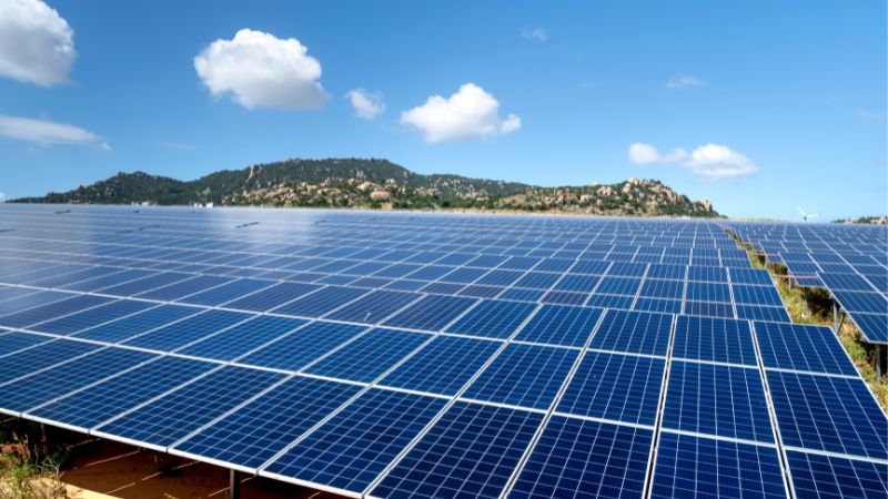 solar panels An expansive array of blue solar panels under a clear blue sky with scattered clouds, overlooking a scenic coastal landscape with hills and water in the background.