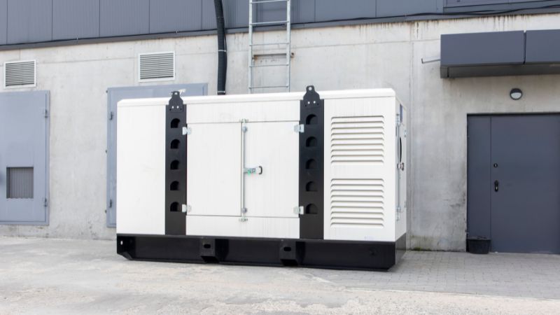 Heavy-duty industrial generator outdoor installation with noise-reducing enclosures for commercial power backup solutions.