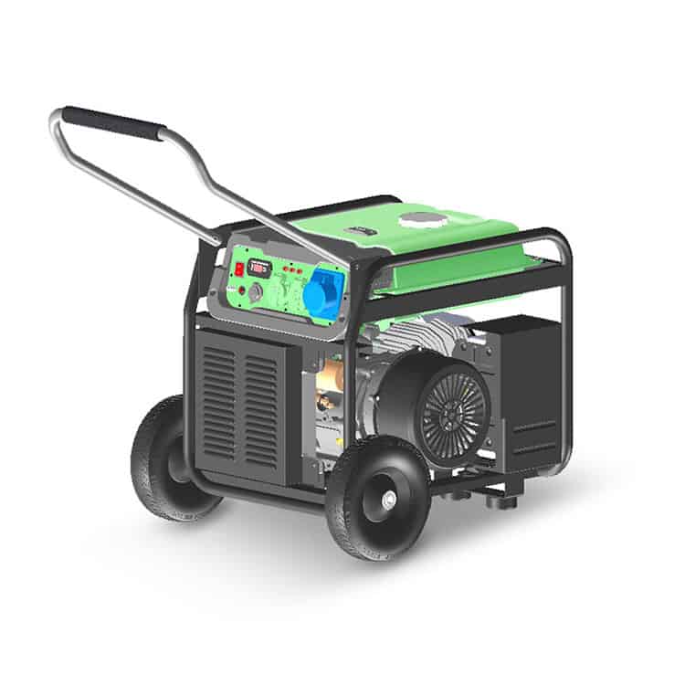 Portable generator with green casing and four wheels, ideal for backup power supply and outdoor use.