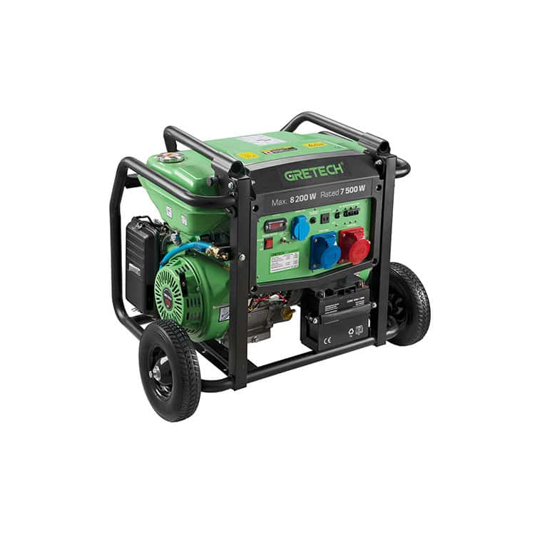 Portable industrial generator with green and black frame for power backup and construction sites.