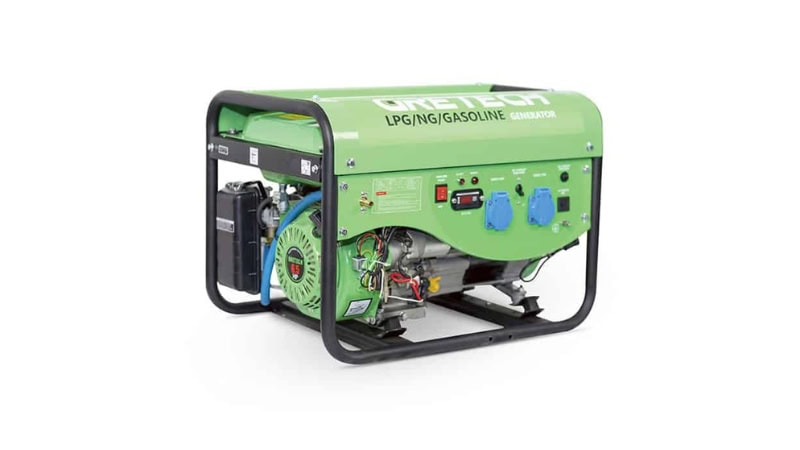 LPG/gasoline generator for backup power or outdoor use with durable frame and dual fuel options.