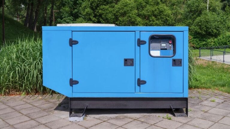 High-capacity industrial generator housing in bright blue, designed for reliable power solutions and outdoor durability. Perfect for construction sites, utilities, and backup power needs.