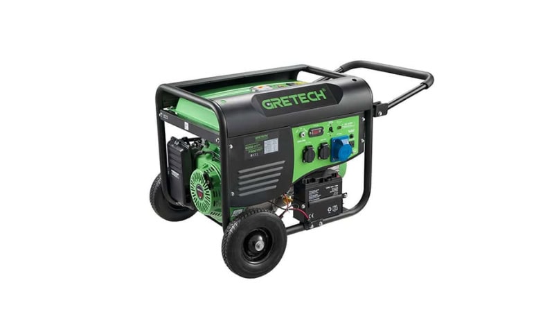 Draagbare generator van Gretchen met wielen in groen en zwart voor noodstroomvoorziening buitenshuis en noodgebruik.