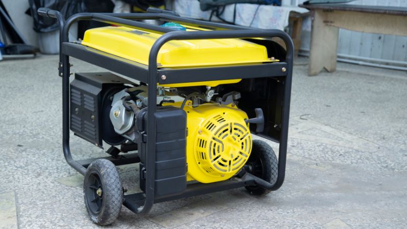 Portable yellow and black gas-powered generator on concrete surface, ideal for outdoor power backup and construction sites. Rugged, reliable portable generator for emergency and jobsite power needs.