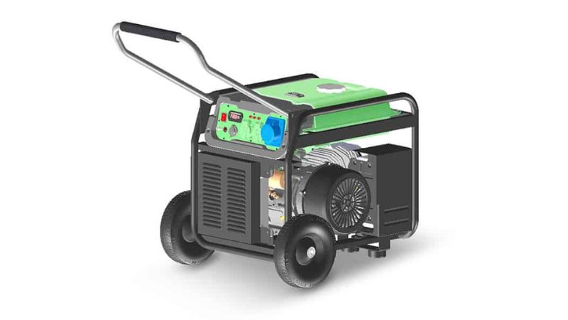 Generator with green fuel tank and control panel, portable industrial power supply for construction and outdoor use.
