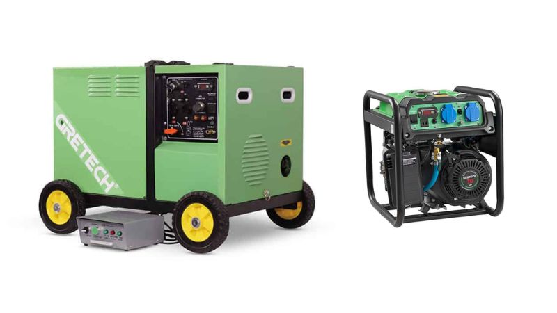 Φορητή βιομηχανική γεννήτρια με πράσινο περίβλημα και κίτρινες ρόδες, ιδανική για εφεδρική παροχή ρεύματος και εργοτάξια.