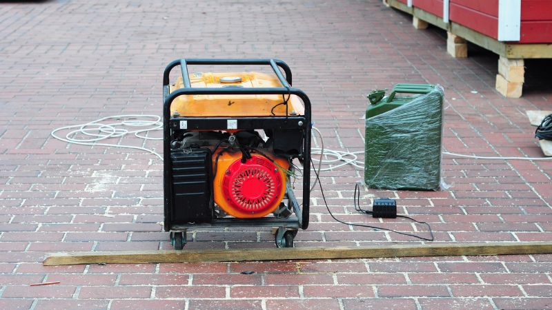 Portable generator on brick patio with power cord and green fuel container, providing reliable backup power for outdoor and emergency needs.