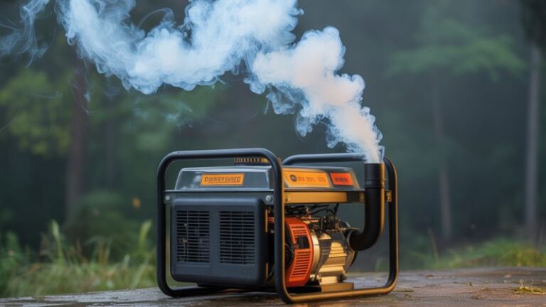 Portable generator emitting exhaust fumes in outdoor setting 100% smoke pollution free, ideal for home backup power, camping, and outdoor activities. Durable and reliable emergency power source.