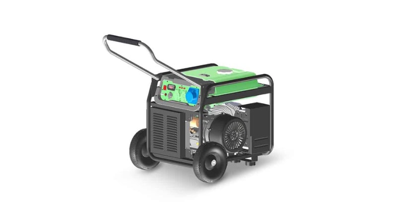 Compact portable generator with green and black design, ideal for emergency power supply and outdoor use, featuring wheels and handle for easy transportation.
