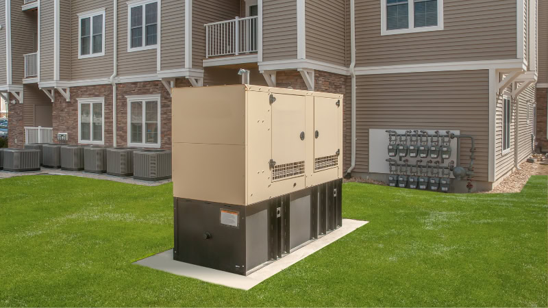A beige and black portable generator placed on a concrete pad in a residential backyard with green grass and apartment buildings in the background.