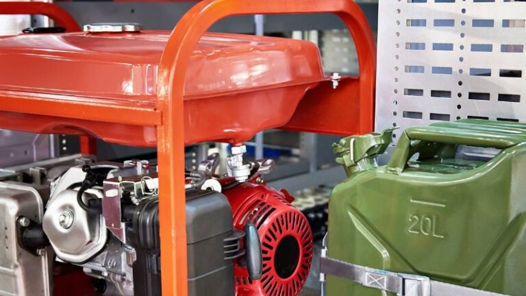 Close-up of gasoline generator manufacturing machinery with engine components and fuel tanks in an industrial setting.