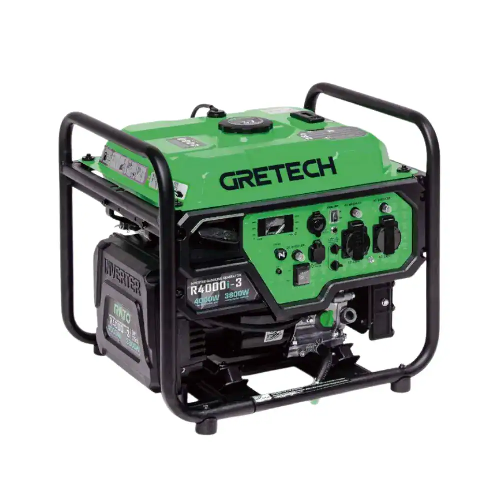 Compact green gasoline generator by Gretech, ideal for backup power, outdoor activities, and emergency situations, featuring durable construction and easy operation.