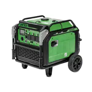 Portable green and black generator by Greatech, ideal for construction sites and emergency power backup, featuring durable wheels and advanced control panel.