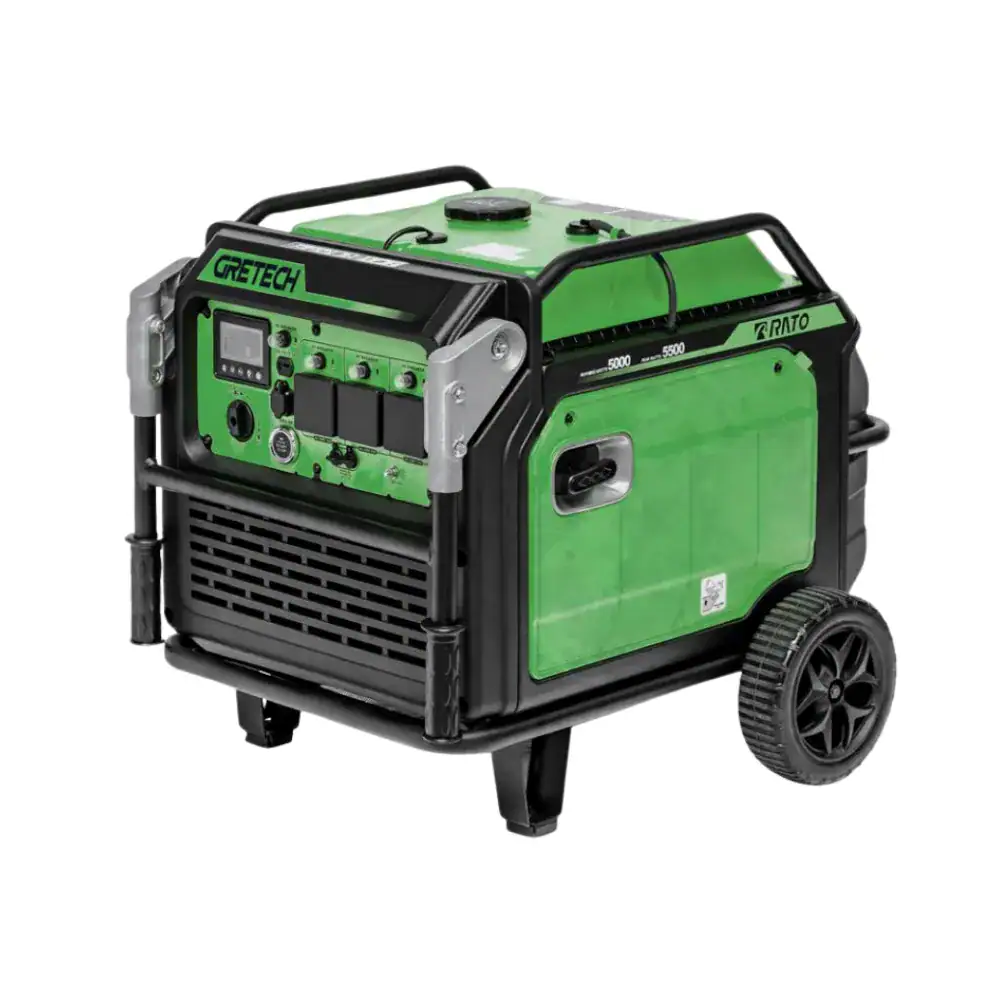 Portable green and black generator by Greatech, ideal for construction sites and emergency power backup, featuring durable wheels and advanced control panel.