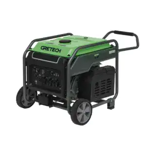 Portable green and black generator with wheels and handles, ideal for backup power solutions and outdoor use.