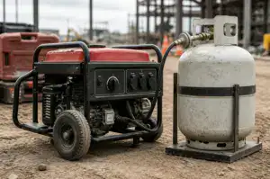 Portable generator with fuel tank on construction site, providing power for tools and equipment.