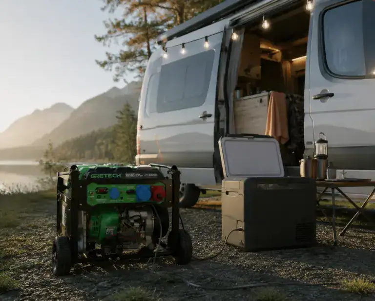 Portable generator set up outdoors near a camper van with scenic mountain and lake background, ideal for camping and outdoor activities.