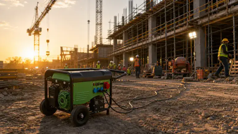 Portable green and black generator powering construction site at sunset with workers and scaffolding in background.