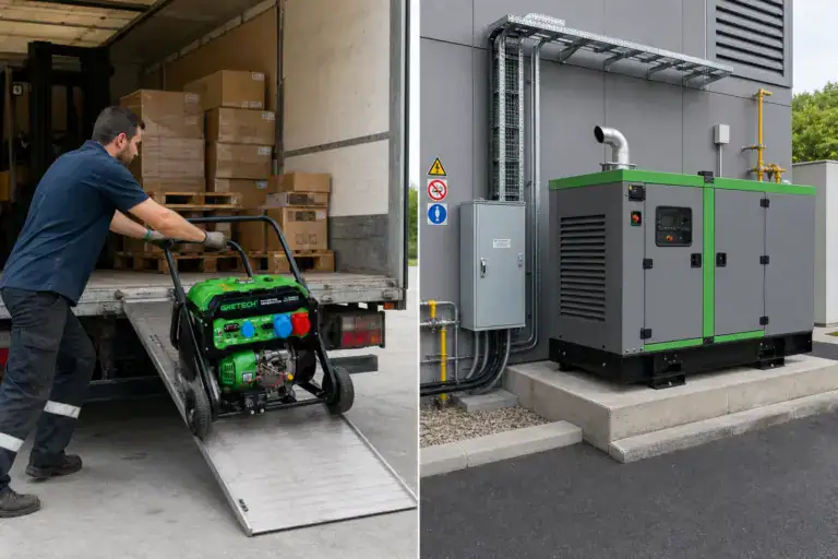 Comparison of portable generator being loaded onto truck and standby generator installed outdoors for industrial use.