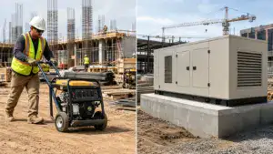 Construction site with a worker operating a portable generator and a large industrial generator on a concrete pad, with building frameworks and cranes in the background.