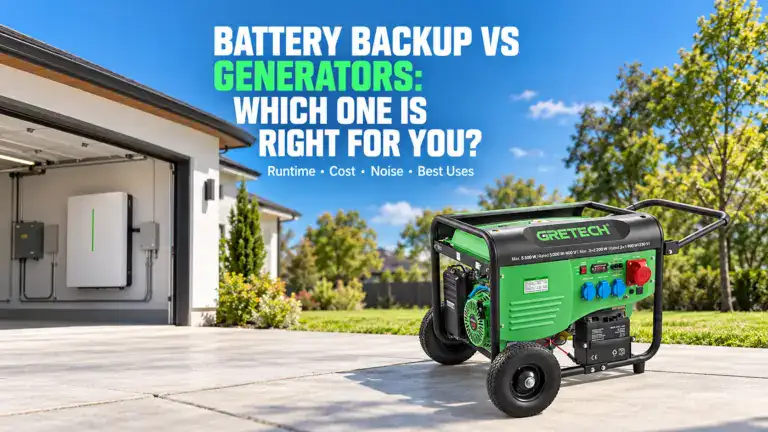 A portable green and black generator placed outside a modern house with an open garage, illustrating backup power options for home use.