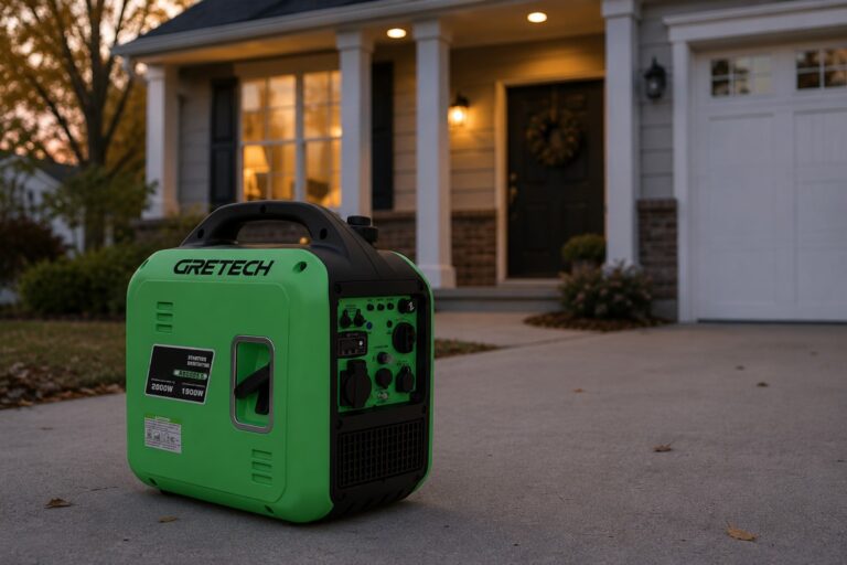 Green portable generator on driveway in front of a house, ideal for home backup power solutions.