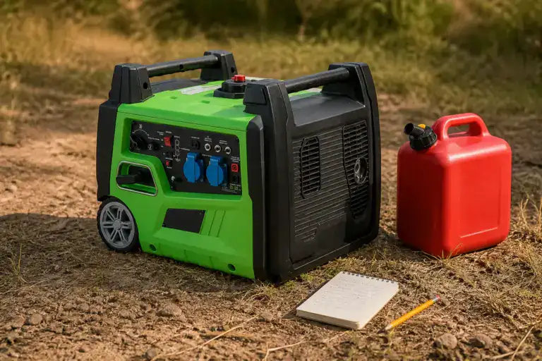 Green portable generator with red fuel container on dirt ground, suitable for outdoor power needs and emergency backup.