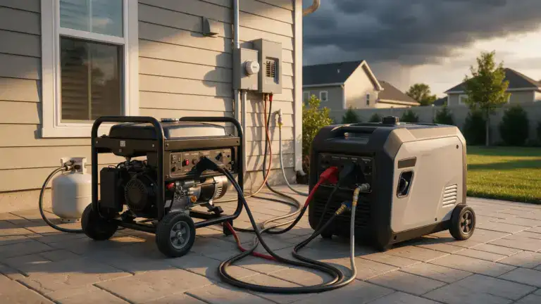 Image of dual-fuel and tri-fuel generators set up outside a house, demonstrating backup power options for home use.