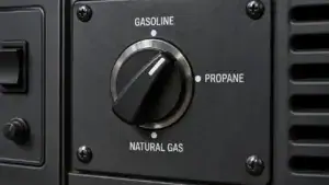 Close-up of a generator fuel selector switch with options for gasoline, propane, and natural gas, used for home backup power systems.