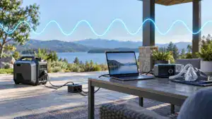 Portable generator connected to a laptop and appliances outdoors with scenic lake view in the background.