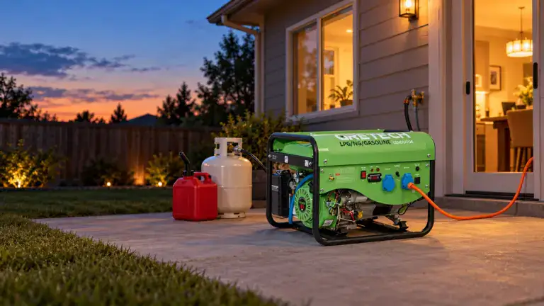 Green portable generator connected to propane tank outside a house during sunset, providing backup power for home use.