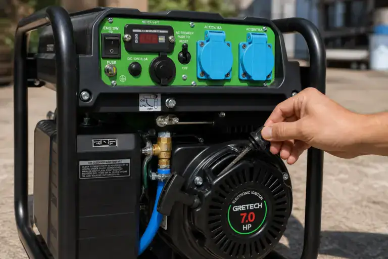 Close-up of portable generator with control panel, power outlets, and hand adjusting a component, suitable for inspection and maintenance.