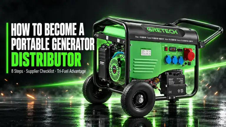 Green portable generator by Gretech with multiple outlets and control panel, suitable for distribution and backup power solutions.