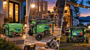 Green portable generator at a construction site during sunset, providing power for tools and equipment.